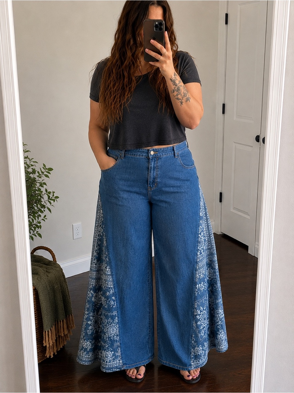 Blue Wide-Leg Panel Jeans with Paisley Side Panels